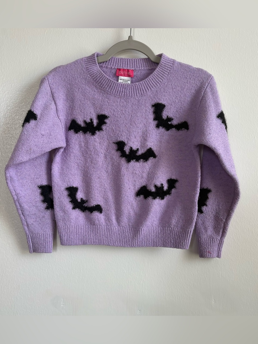 Zunie Purple/Black Knit Pullover Sweater Girls XS (4/5) Crew Bat Halloween
